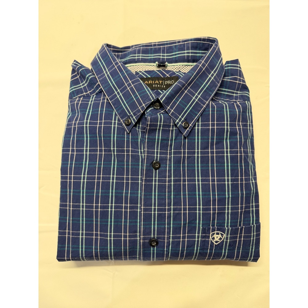 Ariat Pro Series Mens XL Blue Plaid Long Sleeve Button Down Western Shirt Logo